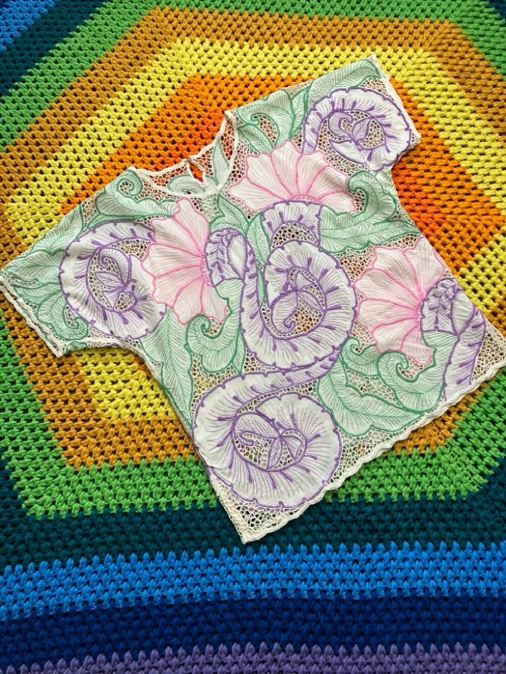 80's Vintage Hawaiian Knit Pink White Green Purple Blouse Top Shirt